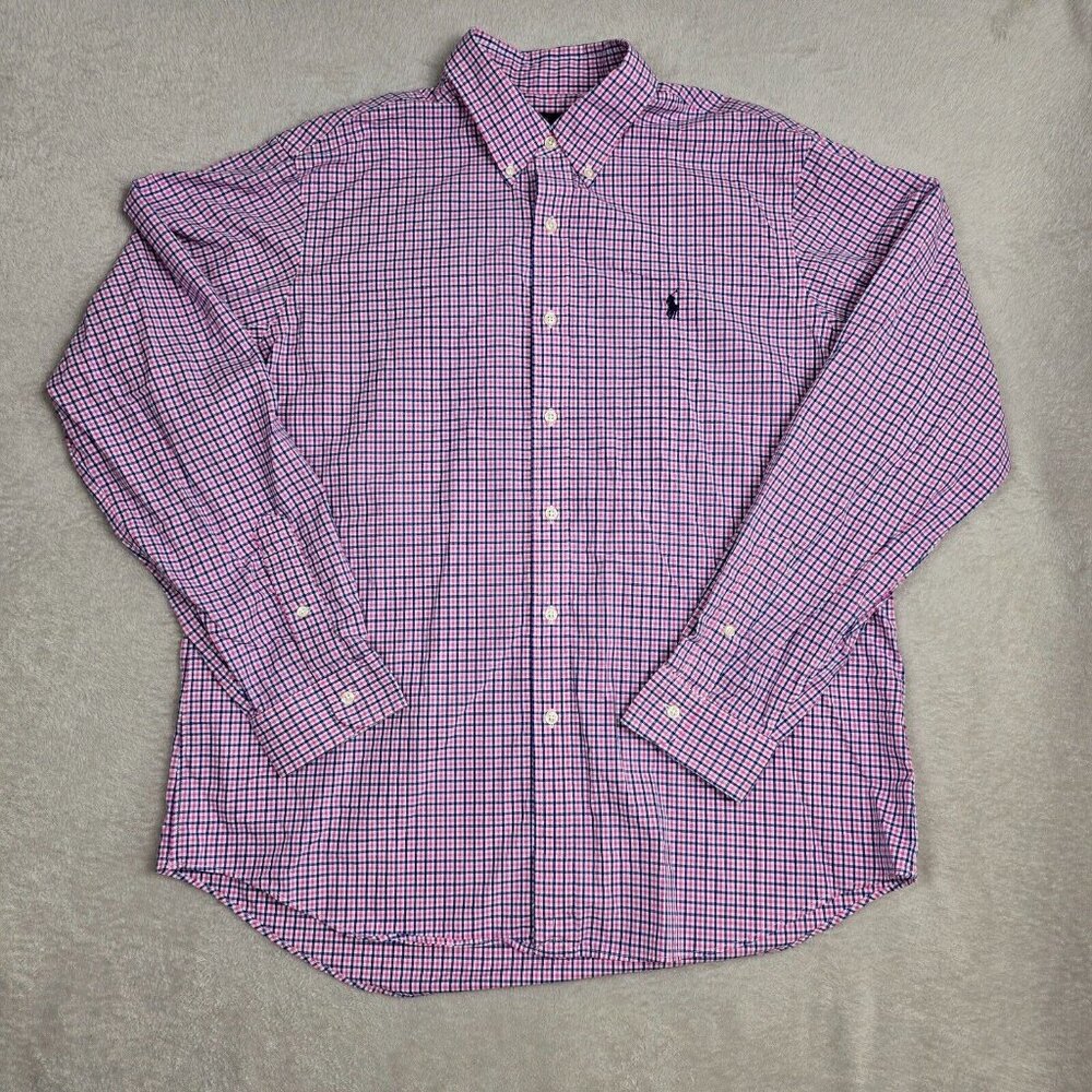 Ralph Lauren Dress Shirt Mens Extra Large Classic Button Down Pink Blue Plaid